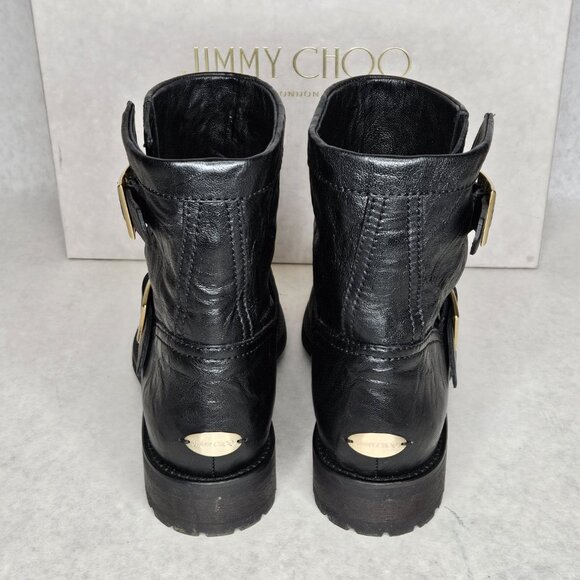Jimmy Choo Black Biker Leather Unlined Belted Boots BKU 247 with Box Size 37/6.5 - Picture 5 of 10
